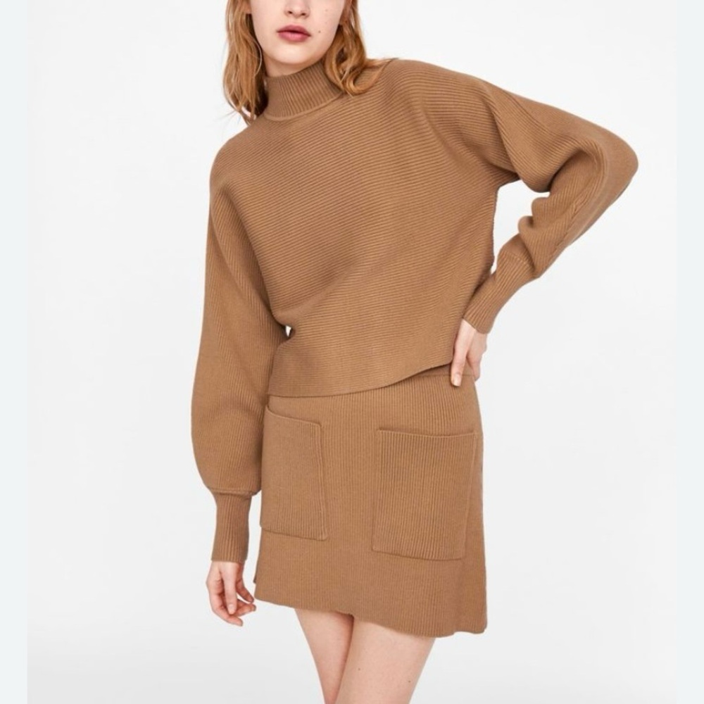 Zara ribbed knit mini skirt with pockets camel tan